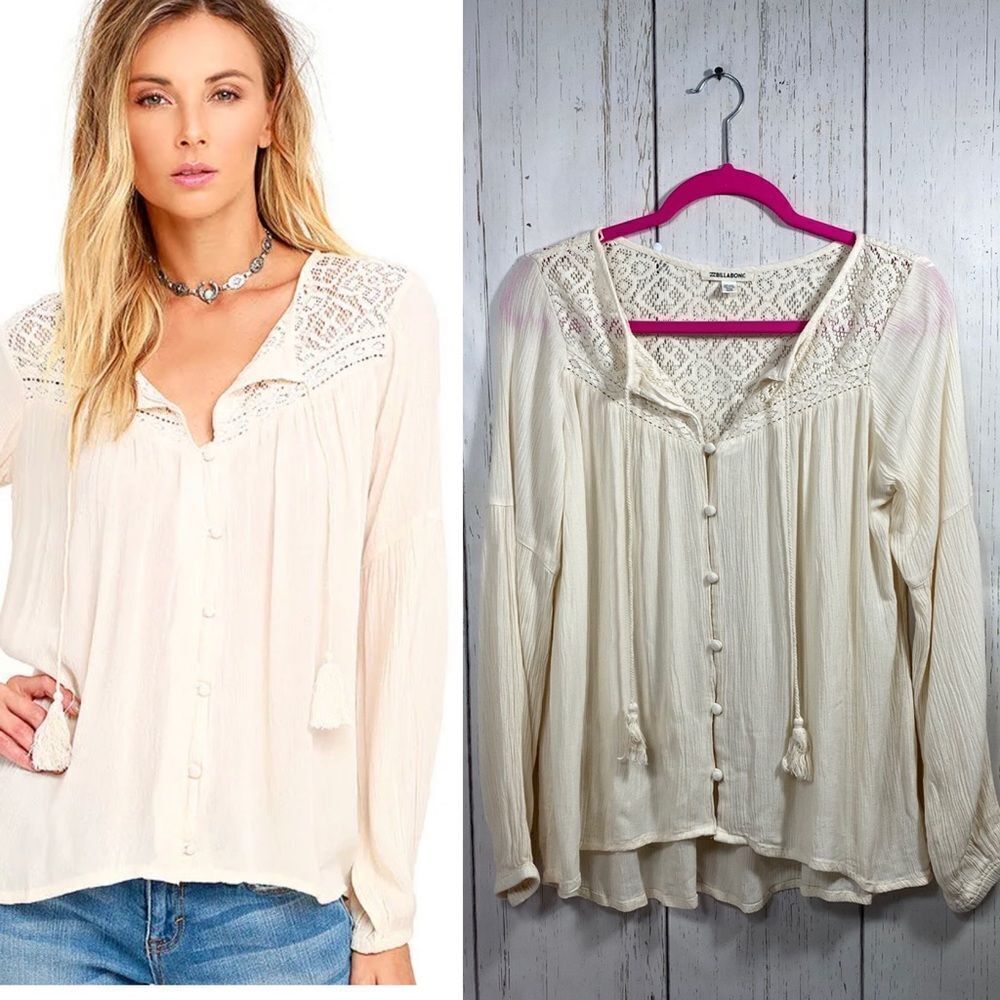 Billabong Desert Coast Cream Lace Tassel Boho Long Sleeve Womens Top Blouse
